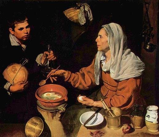 Ντιέγο Βελάθκεθ, Γριά που τηγανίζει αυγά, 1618. Λάδι σε μουσαμά, 100,5x119,5 εκ., Εδιμβούργο, Εθνική Πινακοθήκη της Σκωτίας.