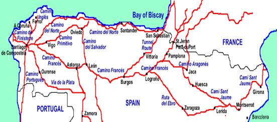 Map of the Camino de Santiago in northern Spain