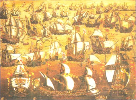 Ο ιοπσνικός και ο αγγλικός στόλος συγκρούονται σε αυτόν τον πίνακα του 1590. Τα γαλεόνια της Αρμάδας ἡτσν πραγμσπκά εντυπωσιακά σκάφη, με τους πύργους τους περίτεχνα διακοσμημἐνους